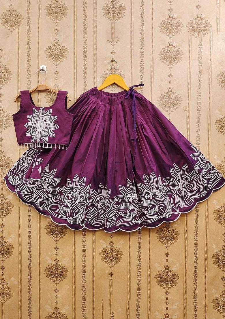 Purple Embroidered Silk Lehenga Choli For Girls - Indya