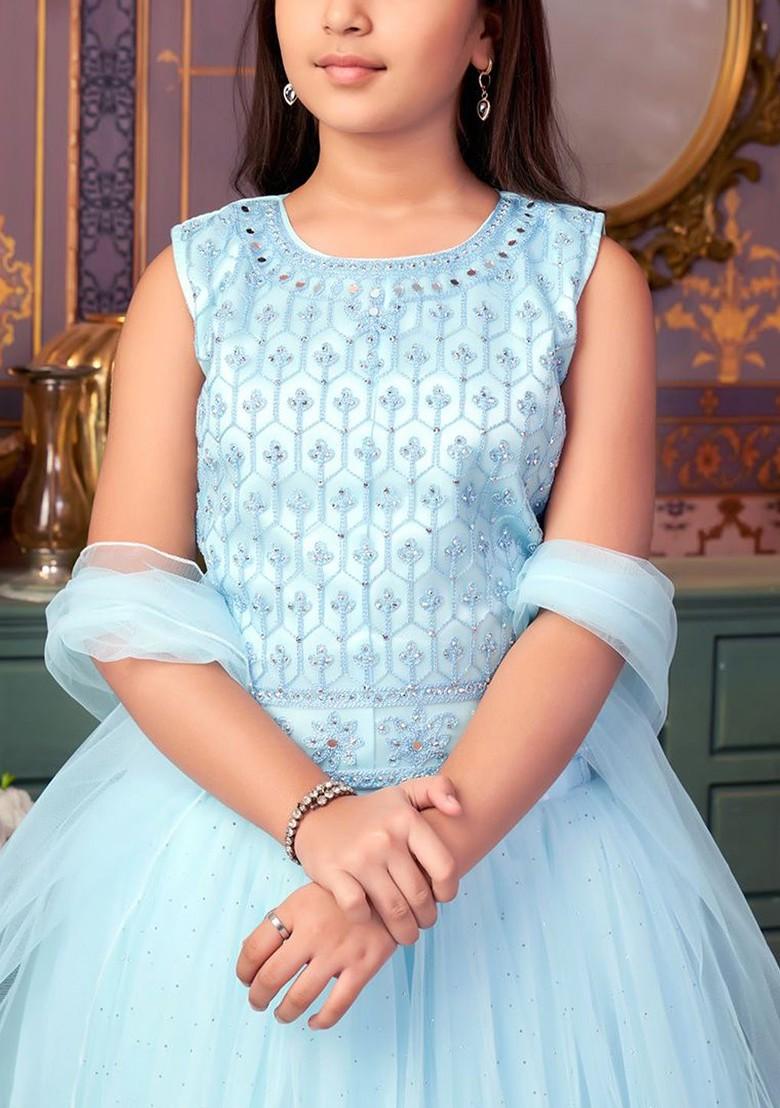 Turquoise Blue Embroidered Blended Lehenga Choli For Girls - Indya