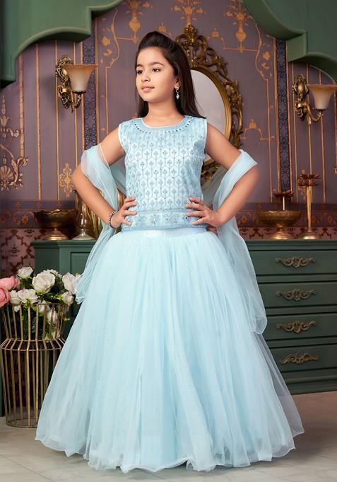 Turquoise Blue Embroidered Blended Lehenga Choli For Girls — view on Indya