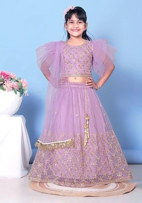 Lavender Embroidered Blended Lehenga Choli For Girls