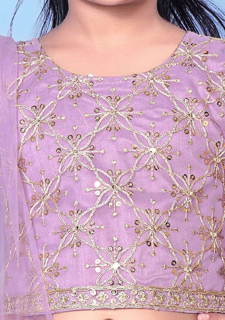 Lavender Embroidered Blended Lehenga Choli For Girls - Indya