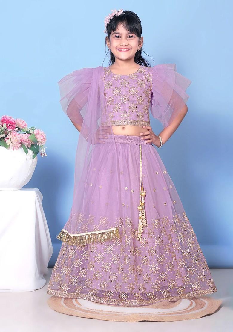 Lavender Embroidered Blended Lehenga Choli For Girls - Indya