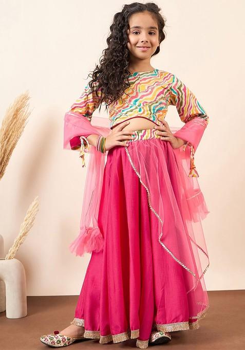 Cream Printed Blended Lehenga Choli For Girls