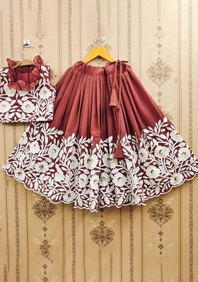 Rust Embroidered Silk Lehenga Choli For Girls