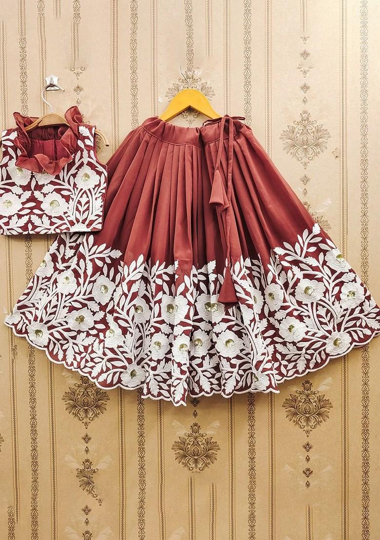 Rust Embroidered Silk Lehenga Choli For Girls - Indya