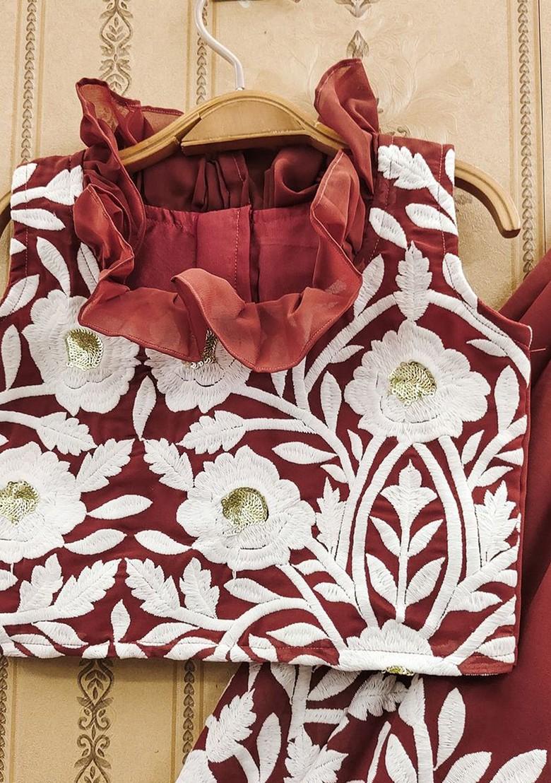 Rust Embroidered Silk Lehenga Choli For Girls - Indya