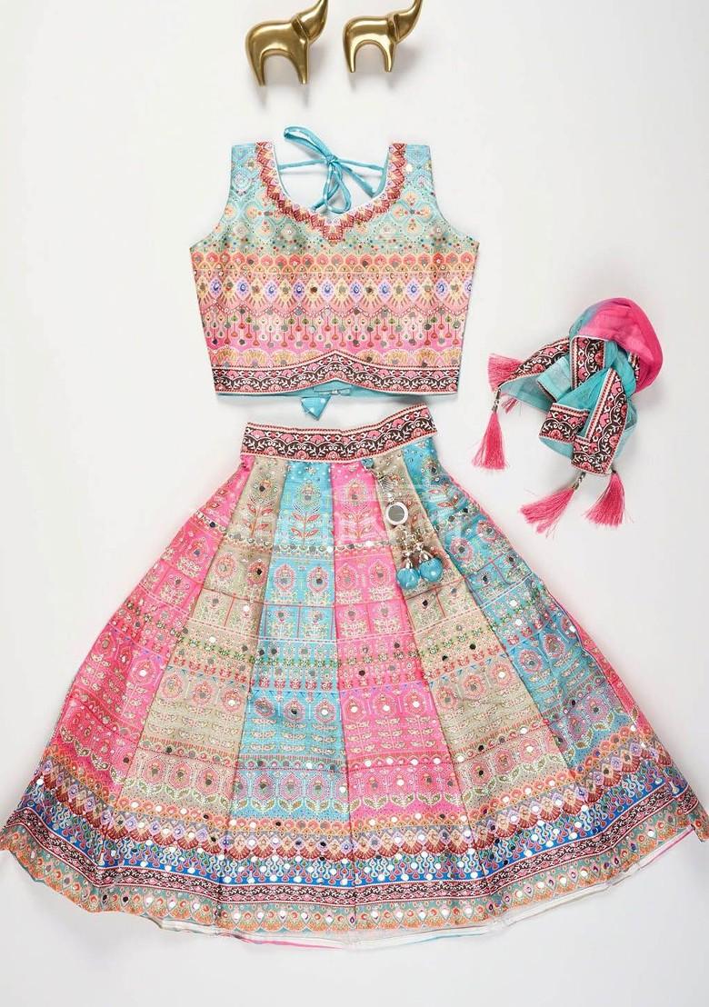 Pink Printed Blended Lehenga Choli For Girls - Indya