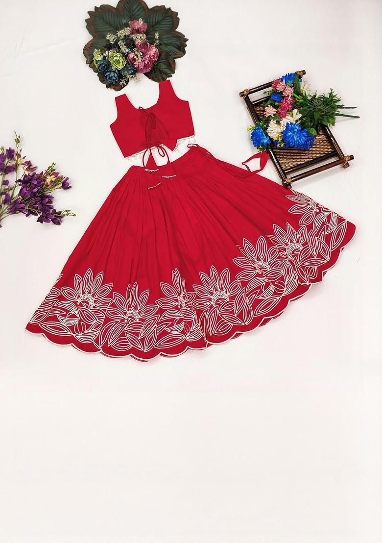 Red Embroidered Silk Lehenga Choli For Girls - Indya