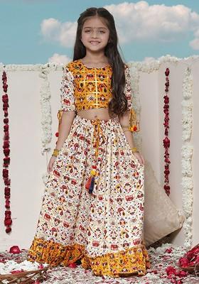 Yellow Printed Blended Lehenga Choli For Girls