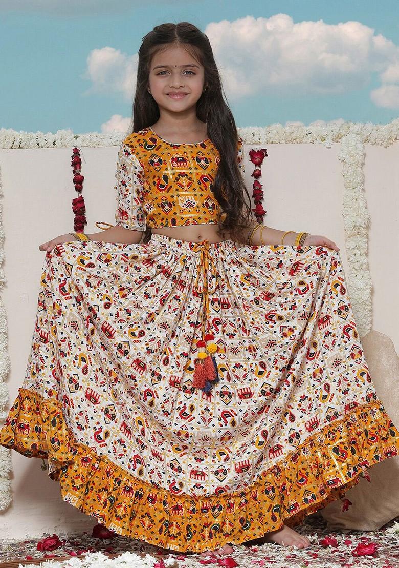 Yellow Printed Blended Lehenga Choli For Girls - Indya