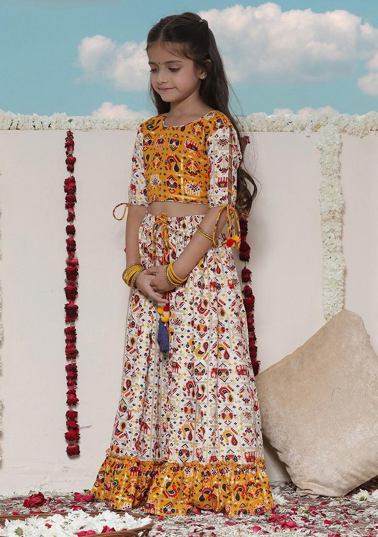 Yellow Printed Blended Lehenga Choli For Girls - Indya