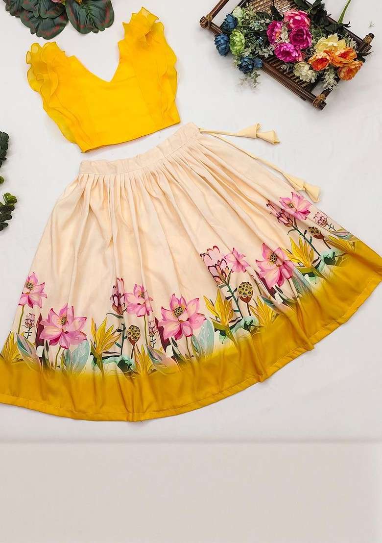 Yellow Embroidered Cotton Blend Lehenga Choli For Girls - Indya