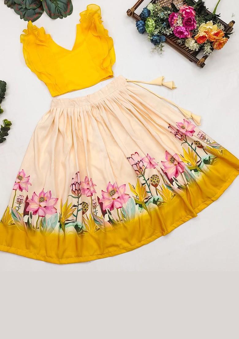 Yellow Embroidered Cotton Blend Lehenga Choli For Girls - Indya