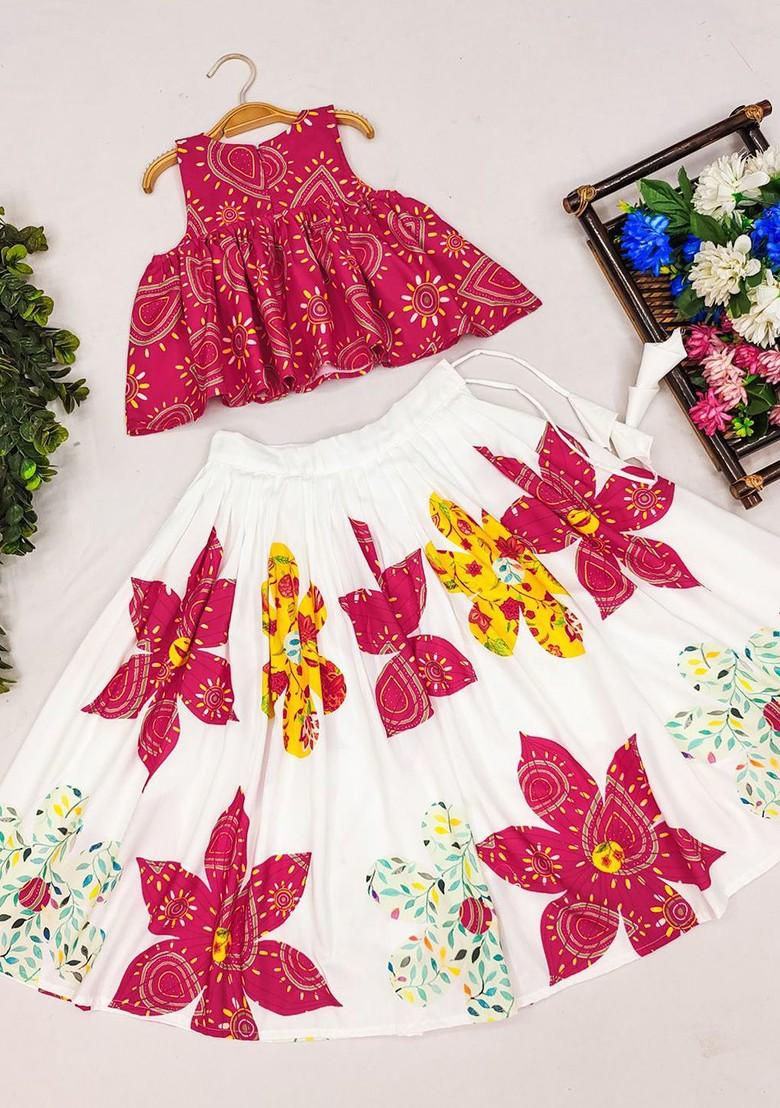Pink Printed Blended Lehenga Choli For Girls - Indya