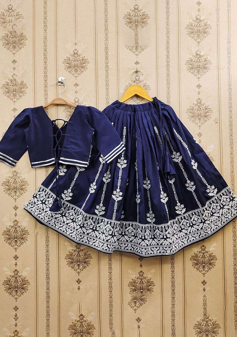 Blue Embroidered Blended Lehenga Choli For Girls - Indya