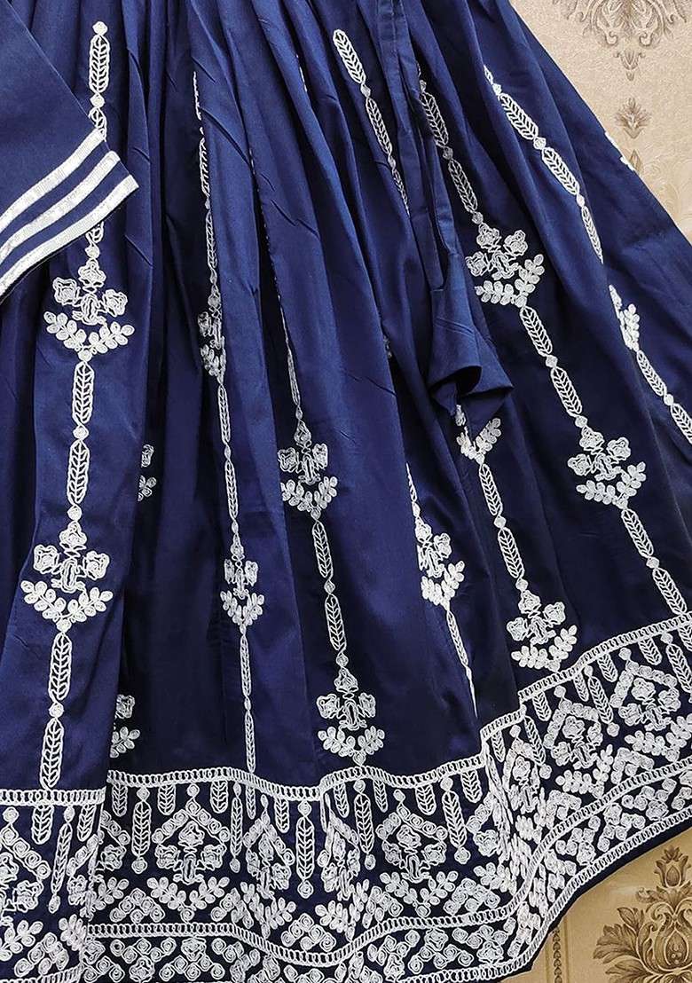 Blue Embroidered Blended Lehenga Choli For Girls - Indya