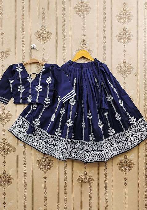 Blue Embroidered Blended Lehenga Choli For Girls
