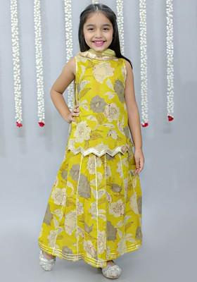 Mustard Printed Cotton Blend Lehenga Choli For Girls