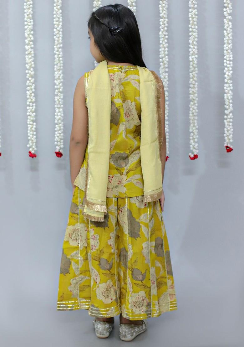 Mustard Printed Cotton Blend Lehenga Choli For Girls - Indya