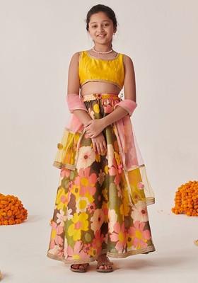 Yellow Printed Blended Lehenga Choli For Girls