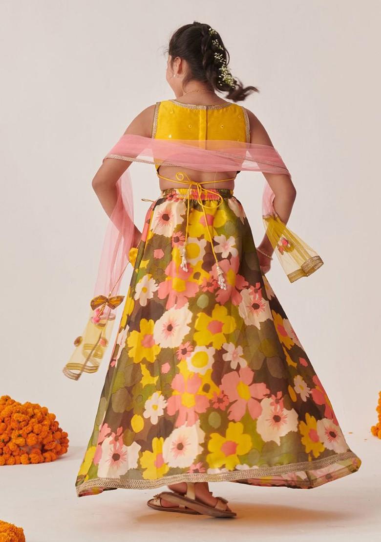 Yellow Printed Blended Lehenga Choli For Girls - Indya
