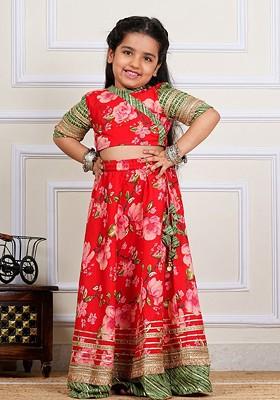 Red Printed Cotton Blend Lehenga Choli For Girls