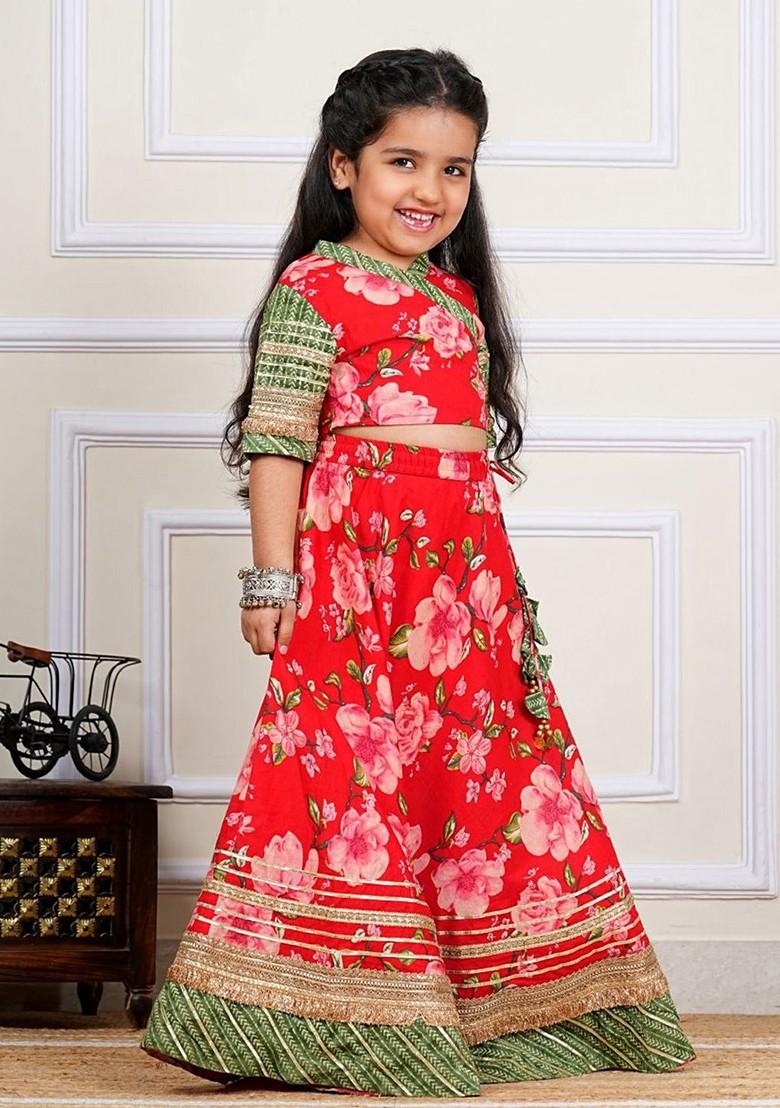 Red Printed Cotton Blend Lehenga Choli For Girls - Indya
