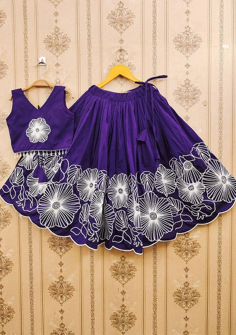 Violet Embroidered Blended Lehenga Choli For Girls - Indya