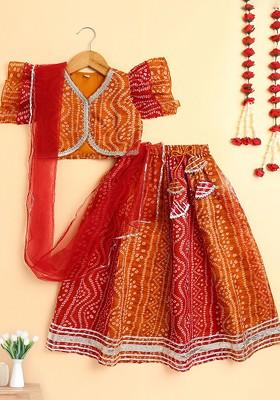 Orange Printed Blended Lehenga Choli For Girls
