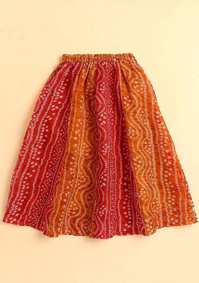 Orange Printed Blended Lehenga Choli For Girls - Indya