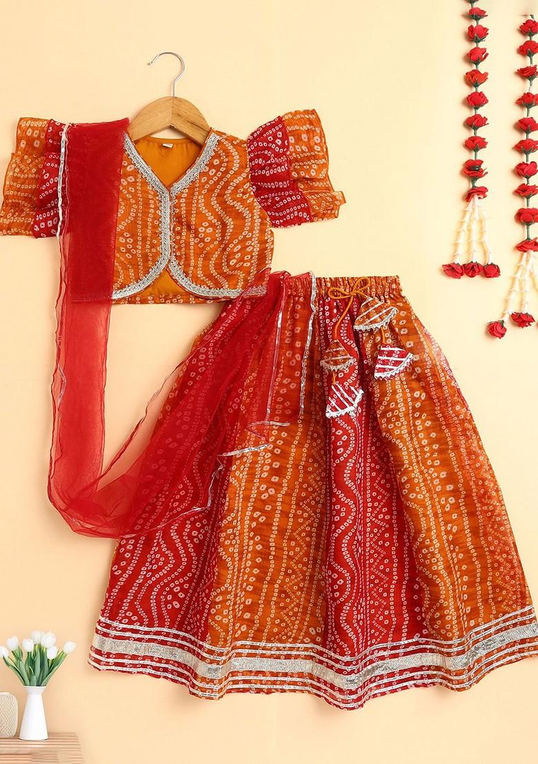Orange Printed Blended Lehenga Choli For Girls - Indya