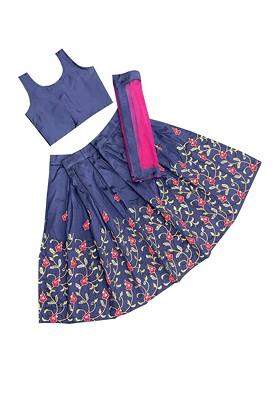 Blue Embroidered Silk Lehenga Choli For Girls