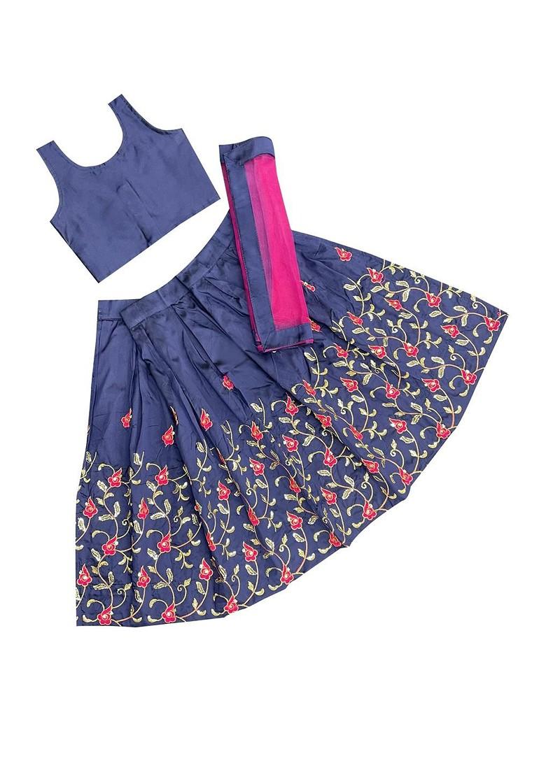 Blue Embroidered Silk Lehenga Choli For Girls - Indya