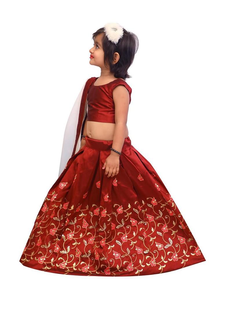 Maroon Embroidered Silk Lehenga Choli For Girls - Indya