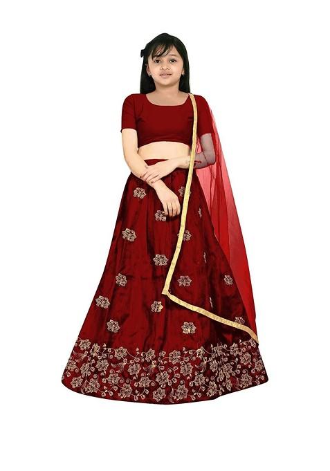 Maroon Embroidered Silk Lehenga Choli For Girls — view on Indya