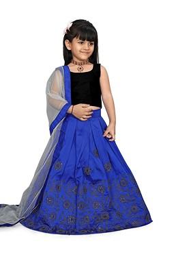 Blue Embroidered Silk Lehenga Choli For Girls