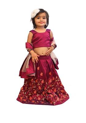 Maroon Embroidered Blended Lehenga Choli For Girls