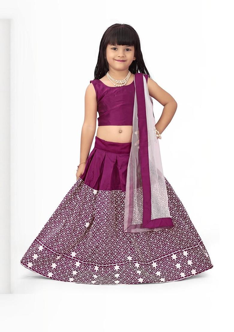 Purple Embroidered Blended Lehenga Choli For Girls - Indya