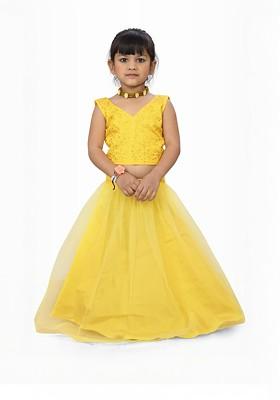 Yellow Embroidered Blended Lehenga Choli For Girls
