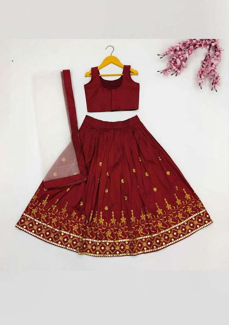 Maroon Embroidered Blended Lehenga Choli For Girls - Indya