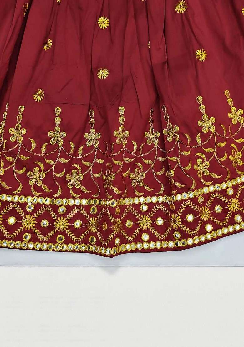Maroon Embroidered Blended Lehenga Choli For Girls - Indya