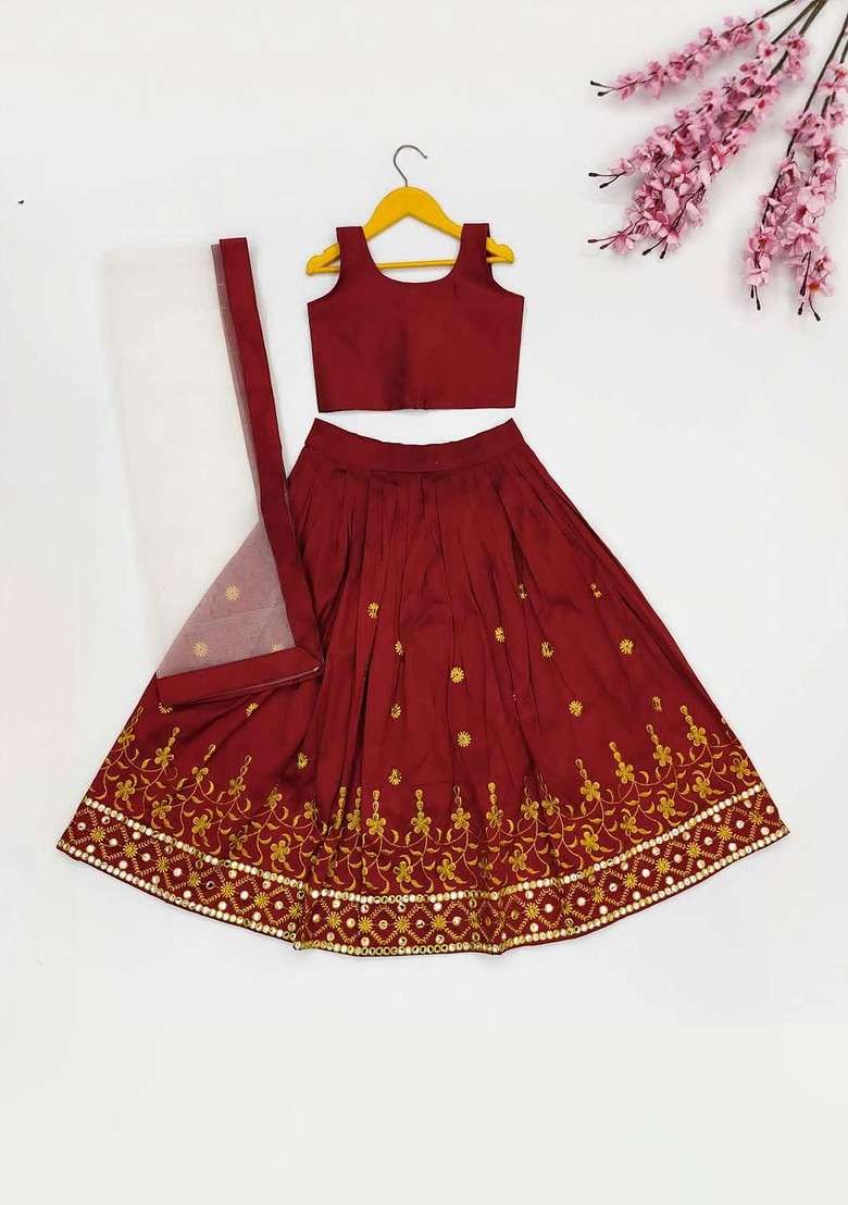 Maroon Embroidered Blended Lehenga Choli For Girls - Indya