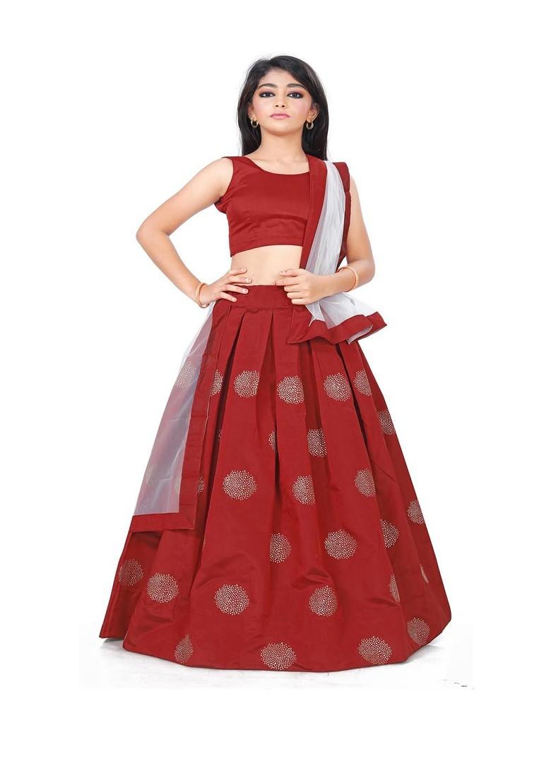 Maroon Embroidered Blended Lehenga Choli For Girls - Indya