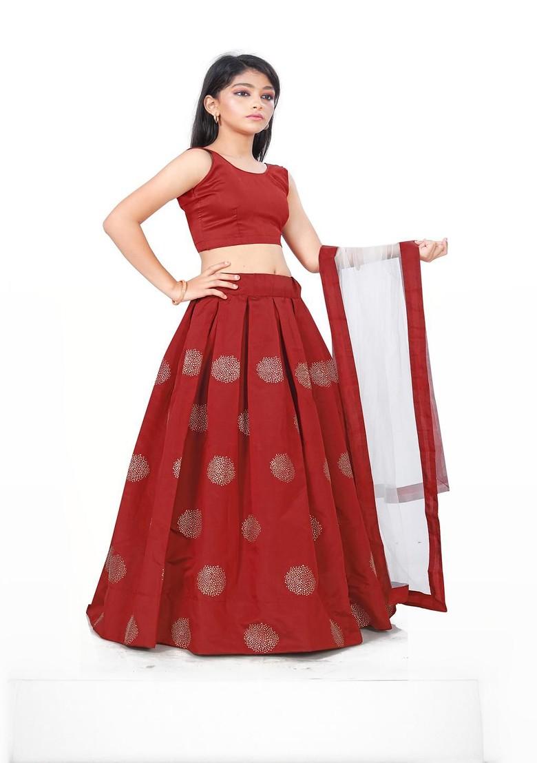 Maroon Embroidered Blended Lehenga Choli For Girls - Indya