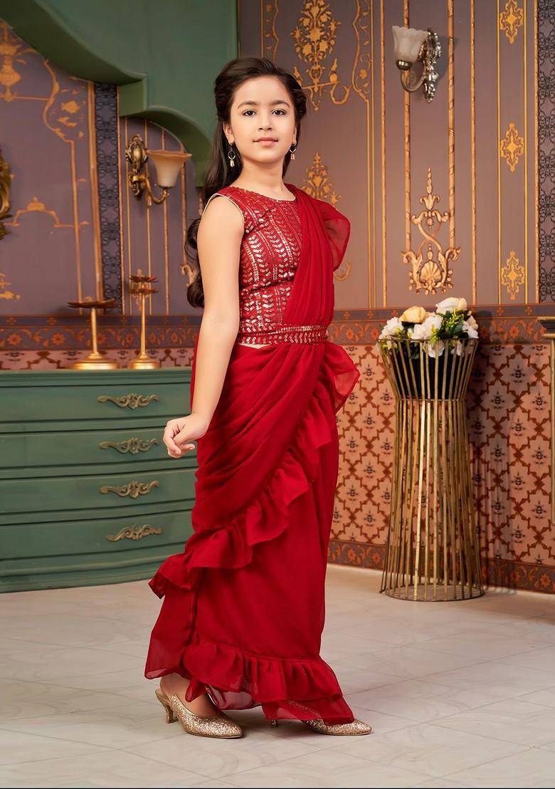 Maroon Embroidered Blended Lehenga Choli For Girls - Indya