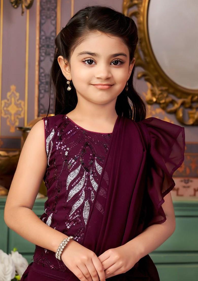 Burgundy Embellished Blended Lehenga Choli For Girls - Indya