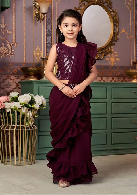 Burgundy Embellished Blended Lehenga Choli For Girls — view on Indya
