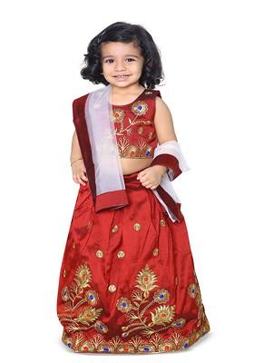 Maroon Embroidered Blended Lehenga Choli For Girls
