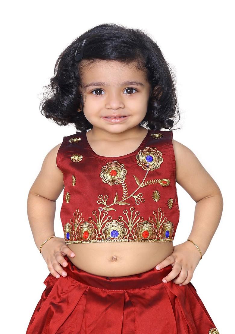 Maroon Embroidered Blended Lehenga Choli For Girls - Indya