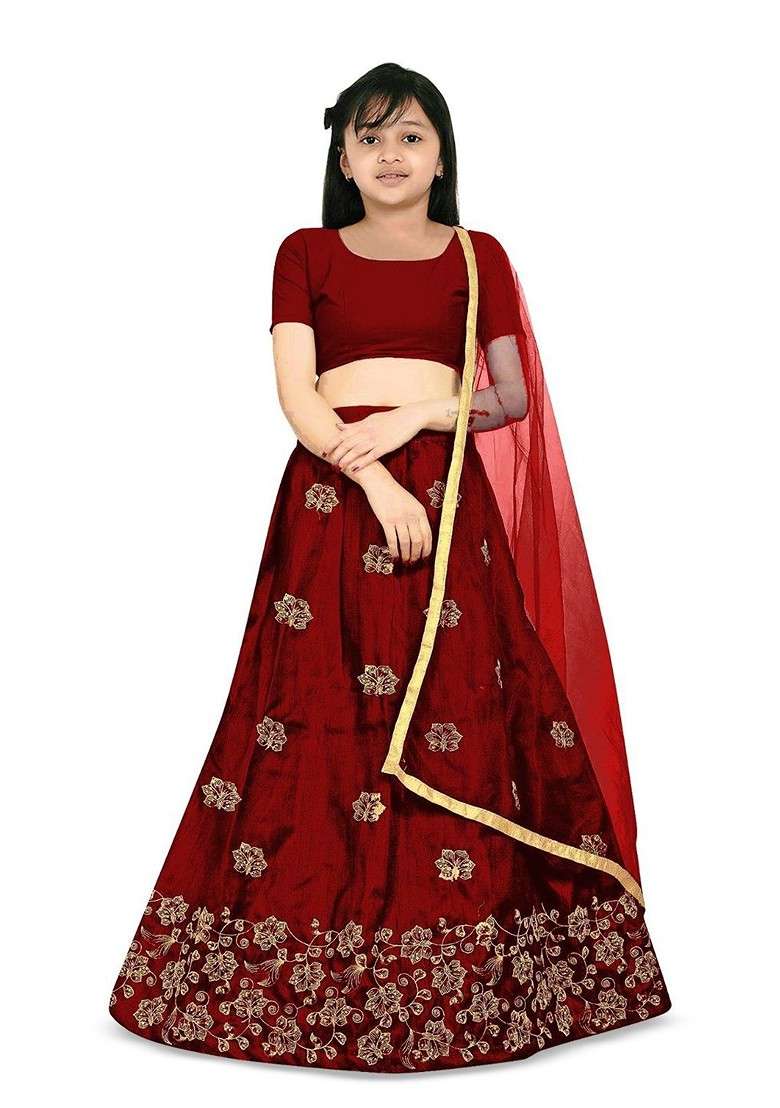 Maroon Embroidered Blended Lehenga Choli For Girls - Indya